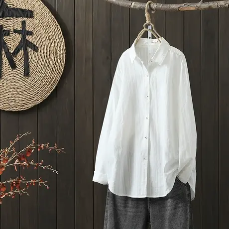 枫谜2022年秋季新款休闲翻领肌理感百搭复古纯色衬衫商品大图