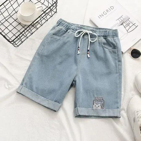 学院风高腰刺绣奶盒牛仔短裤女宽松阔腿中裤2021年夏装薄款五分裤图片