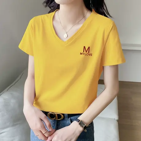 正肩纯棉短袖t恤女夏季薄款2022年新款宽松黄色V领显瘦半袖上衣潮商品大图