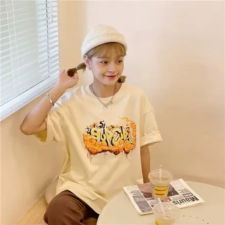 夏季小个子纯棉宽松短袖T恤女oversize设计感小众美式复古上衣潮商品大图