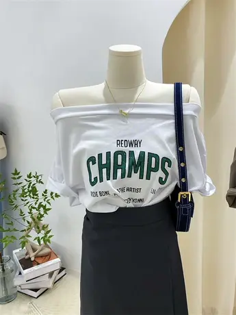 一字肩t恤女夏两穿露肩漏锁骨显瘦心机 弹力字母印花宽松短袖上衣商品大图