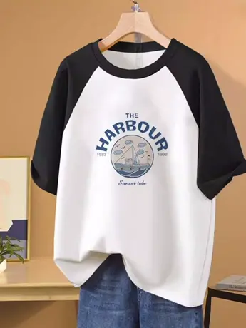 欧货正肩短袖t恤女2023年春夏新款打底衫黑白体恤拼接撞色上衣潮图片