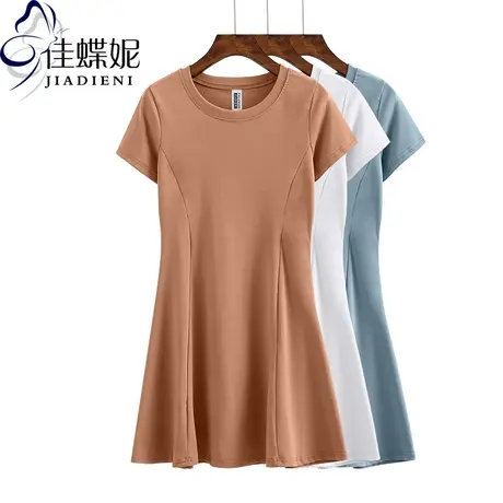 春夏季圆领修腰中长款赫本小黑裙短袖体恤打底裙纯棉女T恤连衣裙图片