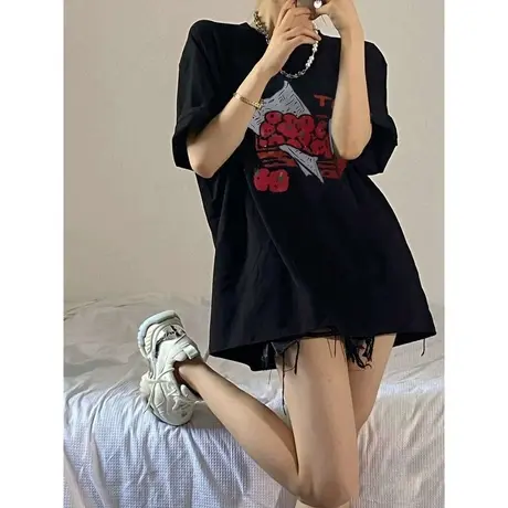 美式复古oversize潮t恤女大码甜辣风上衣ins夏胖mm设计感小众短袖图片
