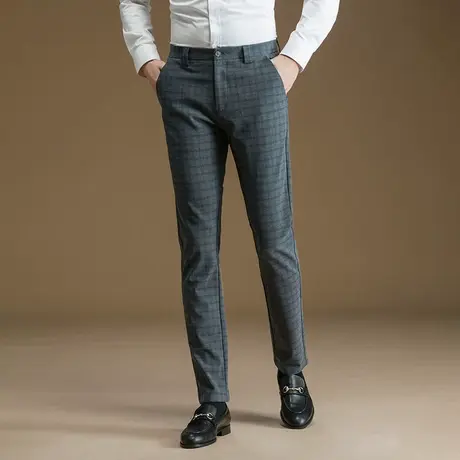 西裤男修身灰色格子商务正装西服长裤免烫小脚休闲春季男士西装裤商品大图