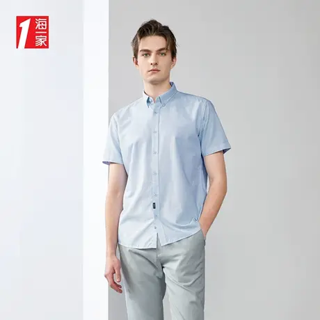 海一家简约几何花纹短衬2023夏季新款扣领尖领休闲舒适短袖衬衫男商品大图