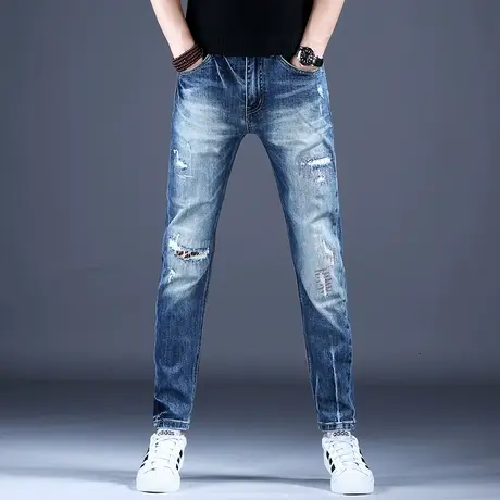 2023新款男士牛仔裤子时尚修身破洞补丁街头风小脚裤秋款百搭潮牌商品大图