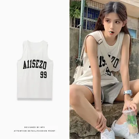 美式复古纯棉吊带运动坎肩背心无袖t恤女夏季外穿宽松篮球服上衣图片