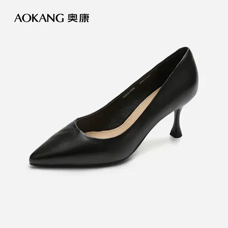 【门店发货】奥康女鞋 2022秋季新款休闲真皮单鞋高跟鞋细跟尖头商品大图