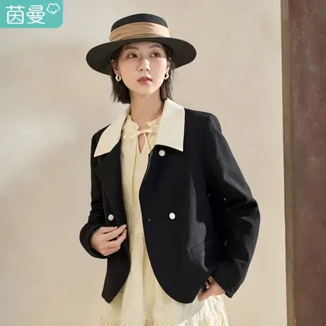 茵曼2023春女装新款法式通勤撞色翻领直筒正肩小个子短款上衣外套图片