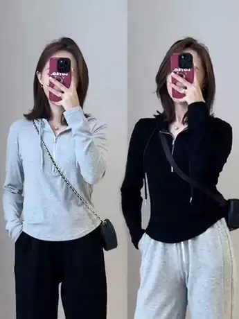 设计感小众拉链连帽T恤女2023秋季新款不规则短款长袖打底衫上衣商品大图