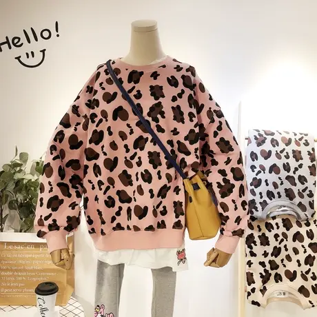 2020春韩国东大门ulzzang俏皮豹纹假两件拼接卫衣原宿风休闲显瘦商品大图