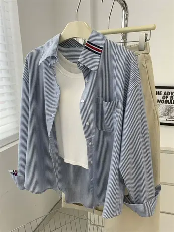 韩系减龄织带条纹衬衫女2023秋季新款宽松休闲Polo领纯棉衬衣外套图片