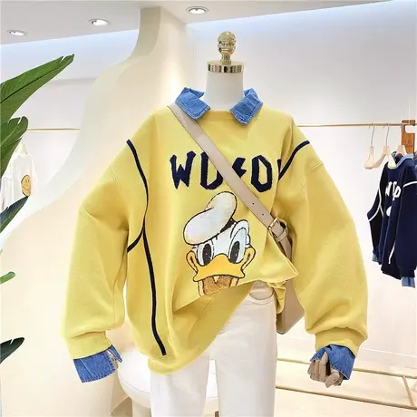 卫衣女春秋薄款2021新款韩版宽松卡通拼接牛仔POLO衫领假两件上衣图片