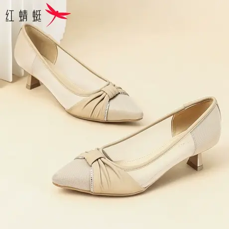 红蜻蜓女鞋2025春季尖头浅口单鞋女士优雅网纱舒适透气通勤高跟鞋商品大图