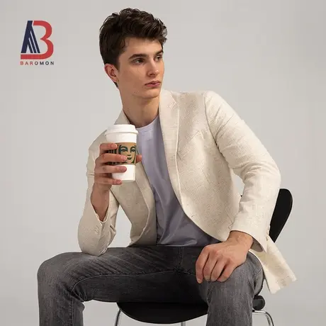 BAROMON/培罗蒙2023秋季新款男士亚麻西装薄款修身单西外套棉西服商品大图