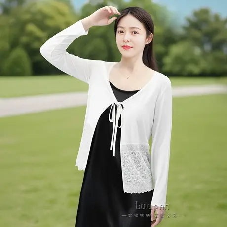 莫代尔薄款系带小外套搭配吊带背心连衣裙女遮手臂防晒衣蕾丝花边图片