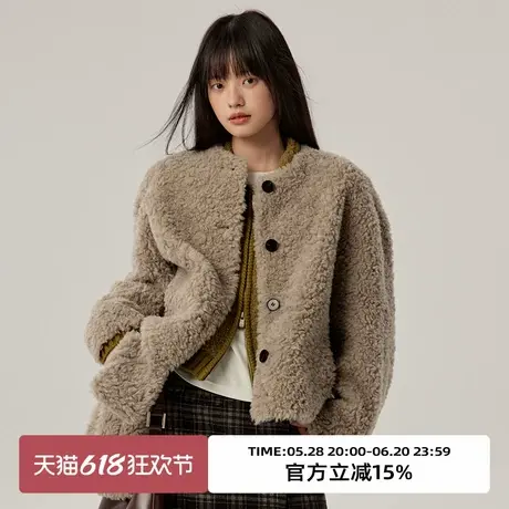 omont蛋挞家100%羊毛围巾领皮毛一体外套2025春圆领慵懒短款皮草图片