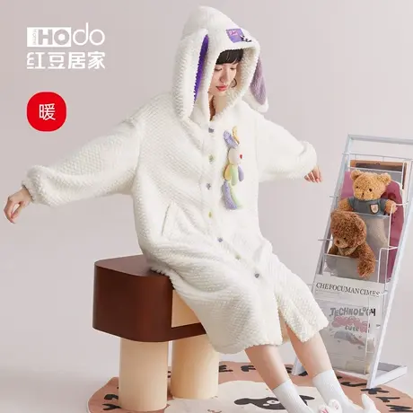 红豆女士睡袍珊瑚绒秋冬季连帽长款睡衣加绒加厚浴袍少女可爱兔耳商品大图