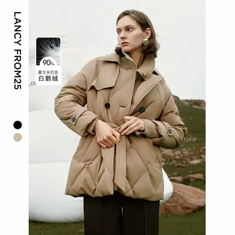 朗姿2024冬季新款霍尔多巴吉白鹅绒复古设计感菱格风衣羽绒服外套图片