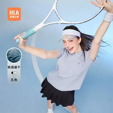 【速干】HLA/海澜之家运动sportsday跑步T恤夏新黑色圆领短袖女装商品大图