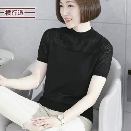 横行道2023夏装新款半袖小圆领黑色中年妈妈胖mm短袖针织衫上衣女图片