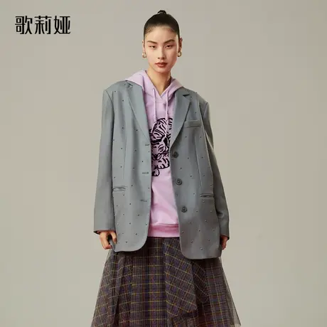 歌莉娅春秋季新款男友风重工钉珠职场西装中长款外套女121J6M140图片