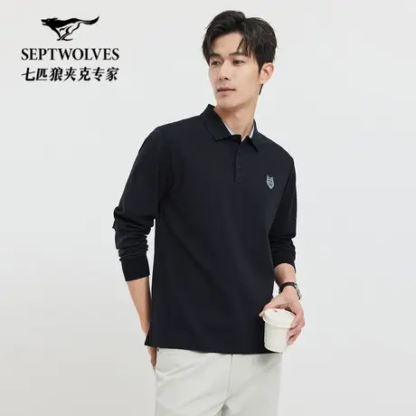 七匹狼男士长袖polo衫25年秋季新款经典狼头刺绣商务休闲翻领t恤图片