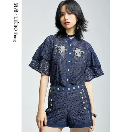 裂帛LIEBOFeng设计师品牌2023年复古国潮镂空蕾丝衫刺绣荷叶边女图片