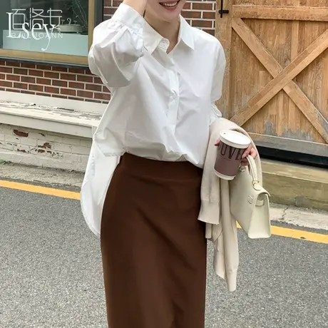 百洛安宽松休闲白色衬衫女秋季新款气质翻领长袖上衣百搭显瘦衬衣图片