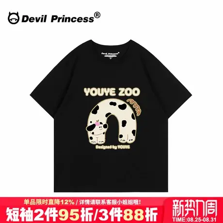 oversize美式慵懒风腊肠狗印花黑色短袖女t恤宽松显瘦通勤上衣潮商品大图