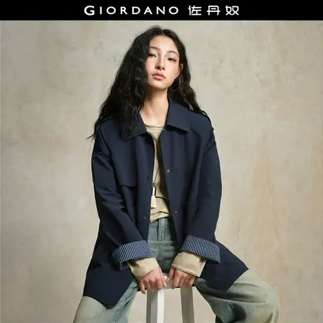 佐丹奴外套女装拼接格纹袖里翻领中长款梭织风衣外套 18375703商品大图