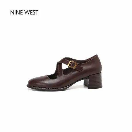 Nine West/玖熙复古交叉真皮粗跟玛丽珍鞋法式中跟小皮鞋单鞋女商品大图