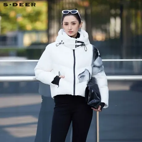 sdeer圣迪奥冬季女装高领连帽晕染亮面短款羽绒服S24483104商品大图