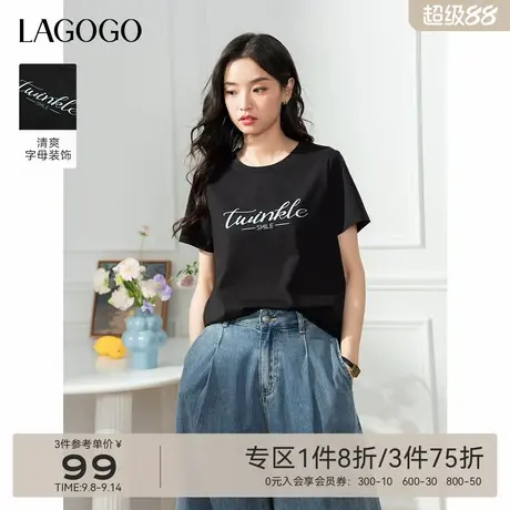 LAGOGO黑色慵懒舒适T恤女2025年夏秋新款拉谷谷字母印花通勤短袖商品大图