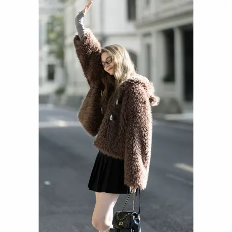 唐狮秋冬新款女加厚短外套连帽可爱仿羔毛毛茸茸超可爱上衣TUTA商品大图