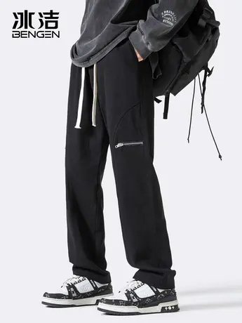 冰洁直筒裤男2023秋冬季休闲纯色拉链解构风修身显高拖地长裤ASCR商品大图