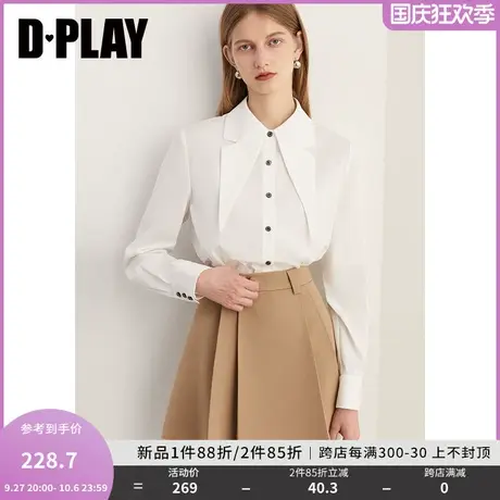 DPLAY2023冬通勤ol时尚白燕尾领撞色衬衫扣宽松佰搭长袖上衣商品大图