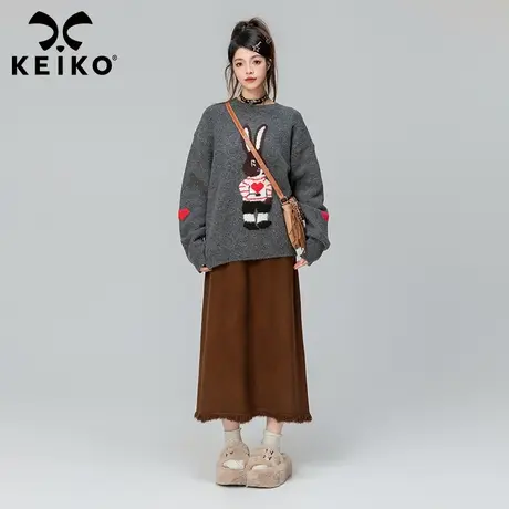 KEIKO 复古日系兔子提花毛衣女加厚2023秋冬慵懒风圆领套头针织衫商品大图