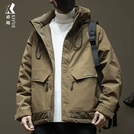 希越痞帅工装风棉衣男宽松大码咖色加厚外套秋冬款户外连帽冲锋衣商品大图
