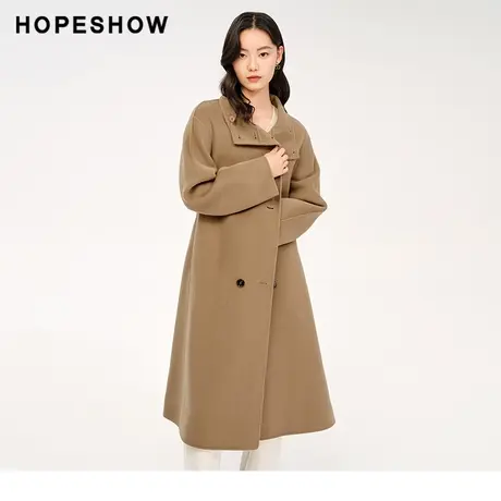 红袖outlets系带双面呢大衣女hopeshow2023冬款宽松职场长款外套商品大图