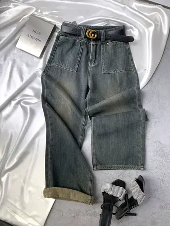 复古做旧口袋牛仔阔腿裤女2023秋冬新款显瘦百搭高腰裤宽松老爹裤商品大图