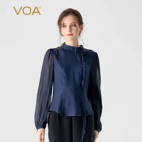 VOA桑蚕丝暗纹提花藏青色半高领衬衫袖活页弧形下摆直筒真丝T恤女商品大图