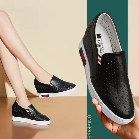 春款鞋年新款单鞋黑色透气镂空坡跟休闲鞋中口套脚低跟牛皮鞋图片