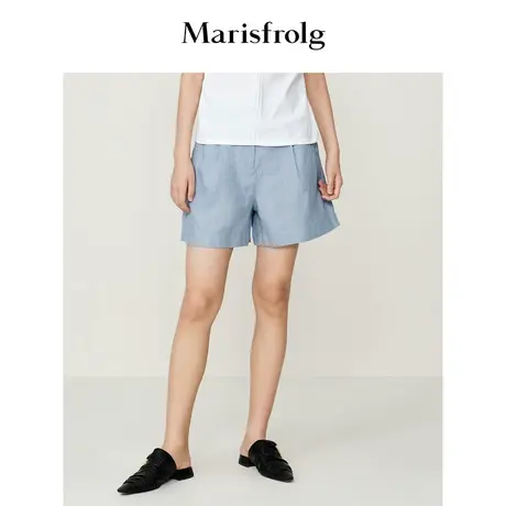 【进口色织面料】玛丝菲尔23夏季新款透气普蓝色绑带休闲短裤女图片