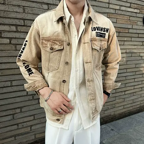 美式高街水洗牛仔外套2023春秋款潮牌做旧痞帅工装机车夹克上衣商品大图