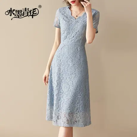 【1件7.9折】夏季新款女装百搭显瘦蕾丝裙时尚中长款短袖连衣裙商品大图