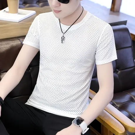 夏装短袖T恤男圆领上衣冰丝半袖青少年男装夏季纯色上衣镂空汗衫商品大图