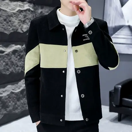 外套男春秋2023新款潮流灯芯绒上衣短款翻领休闲秋装拼色帅气夹克商品大图