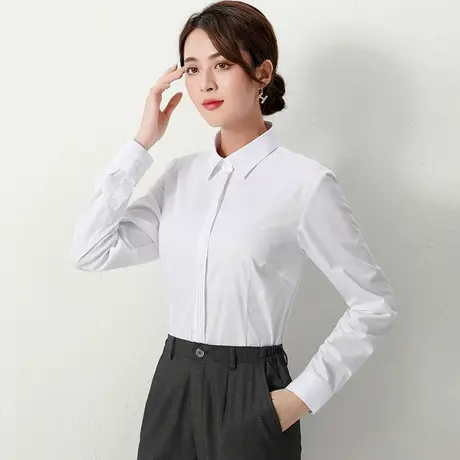 白色女衬衫2023春秋新款长袖褶皱收腰衬衣职业正装短袖时尚显瘦OL图片